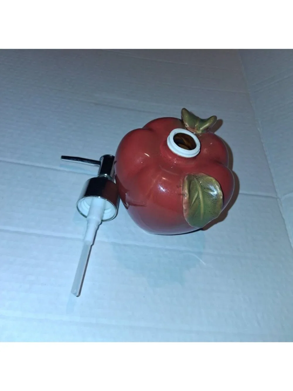 Ceramic Apple-Shaped Soap Dispenser With Metal Pump & Green Leaf Accents